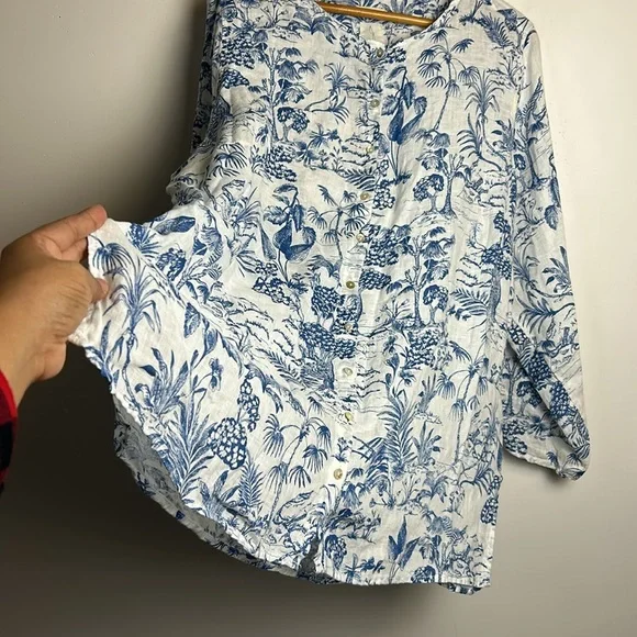 Joie Tunic Top Blouse Size 2X 100% Linen Long 3/4 Sleeve Novelty Print Natural - Picture 5 of 10